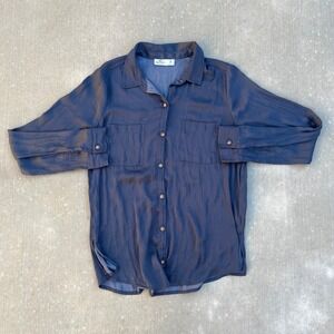 Hollister Women's Dark Blue Long Sleeve Polysatin Button Up Shirt Size‎ Medium